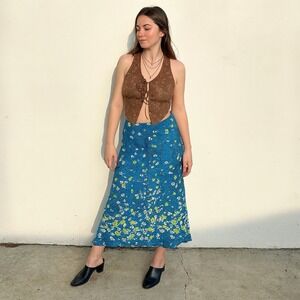 Vintage Y2K Free People Floral Midi Skirt Womens 7/6 Blue Green White Ruffle Hem